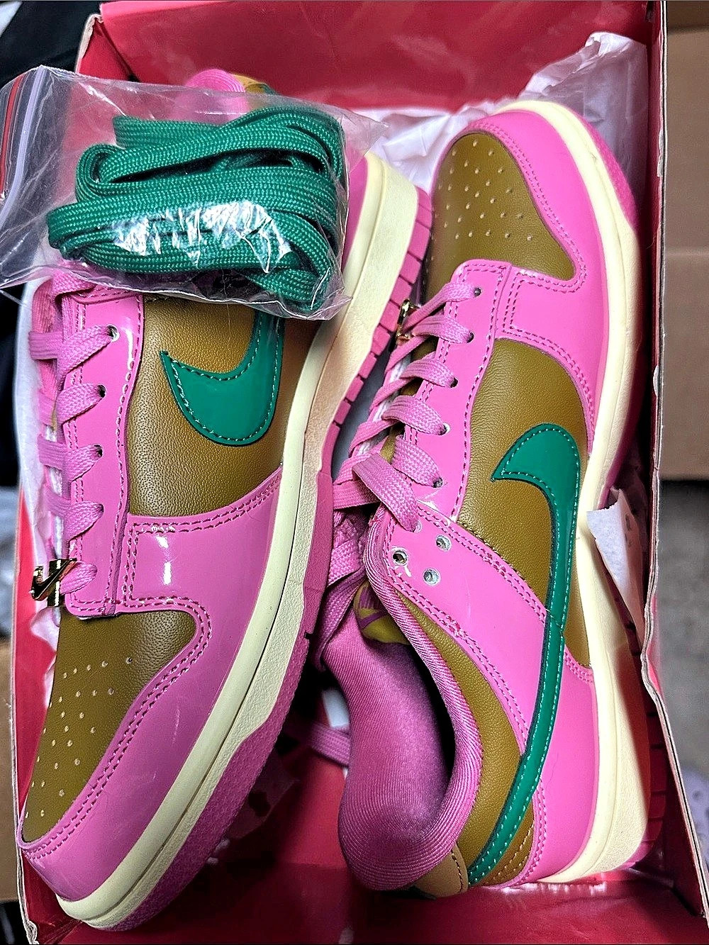 Nike Dunk Low SE Patent White Pink Rise Pink & Green Sneakers
